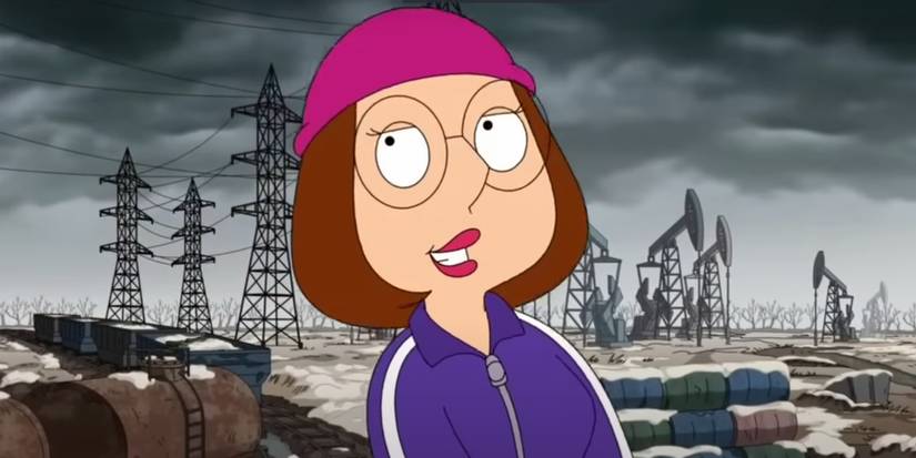 Meg Griffin, wearing a purple sweatshirt and looking happy, in Family Guy