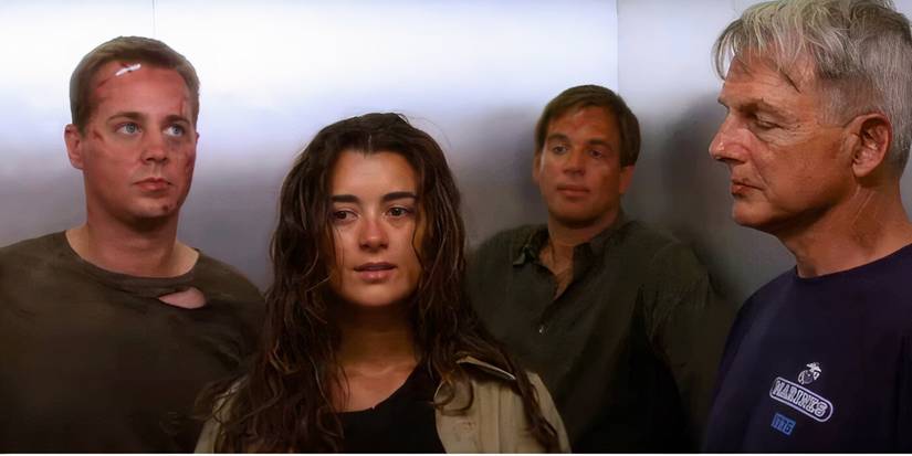 Ziva looks beat standing with Gibbs (Mark Harmon), Tony (Michael Weatherly) and McGee (Sean Murray) after being rescued in NCIS.