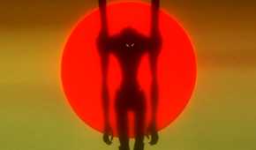 A huge mecha against the sun in Neon Genesis Evangelion