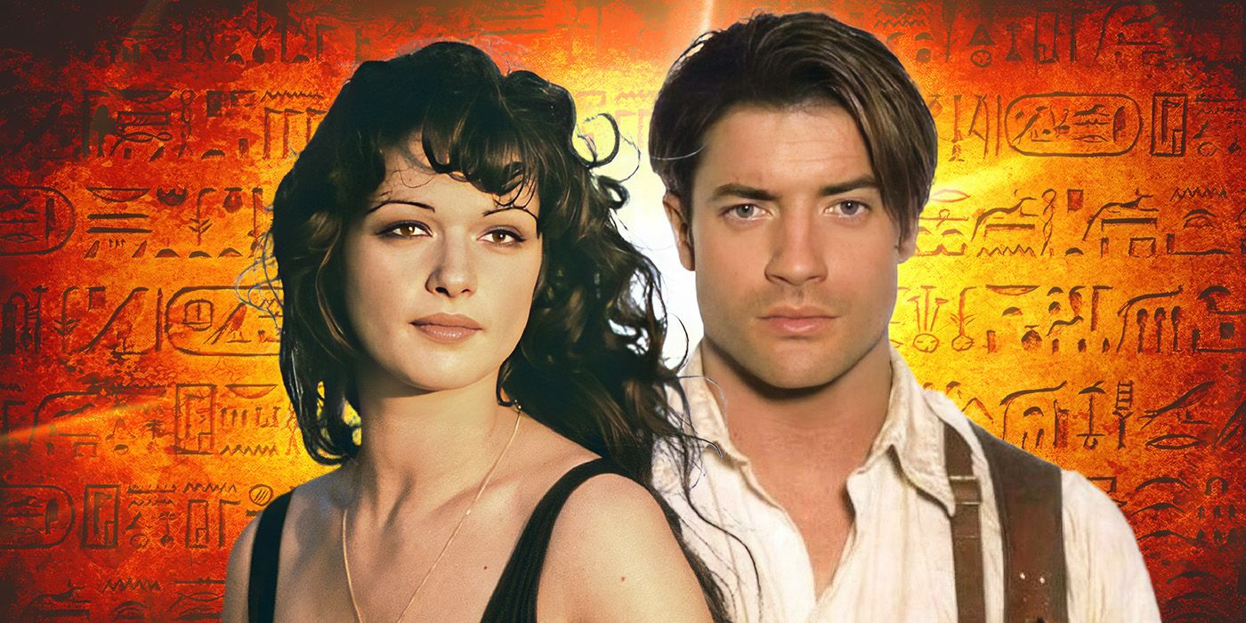 Evie & Rick in The Mummy against a background of orange-tinted hieroglyphics
