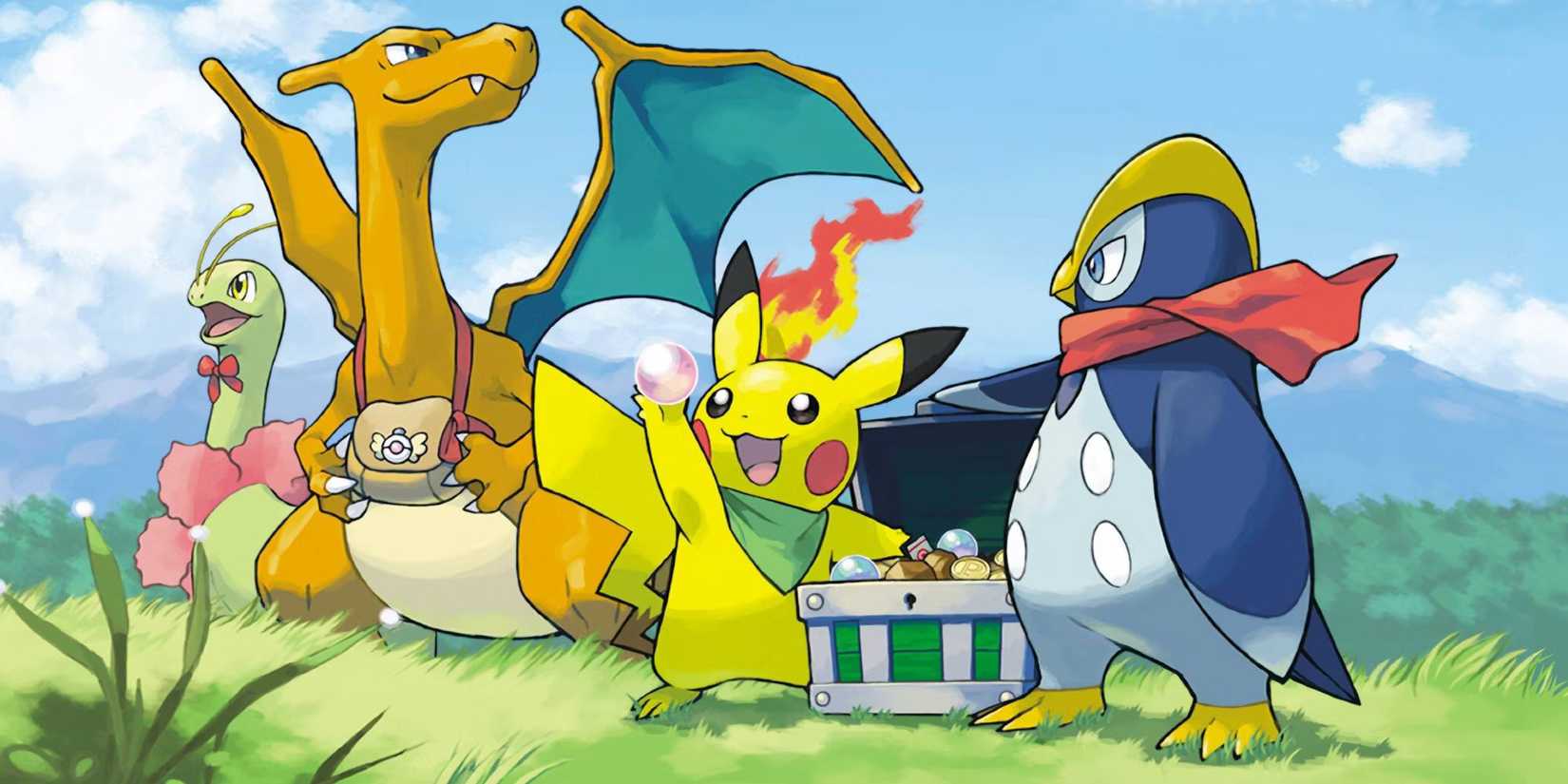 Pikachu, Prinplup, Charizard, and Meganium all collecting treasure from a green treasure chest in a piece of artwork for Pok&eacute;mon Mystery Dungeon: Explorers of Sky