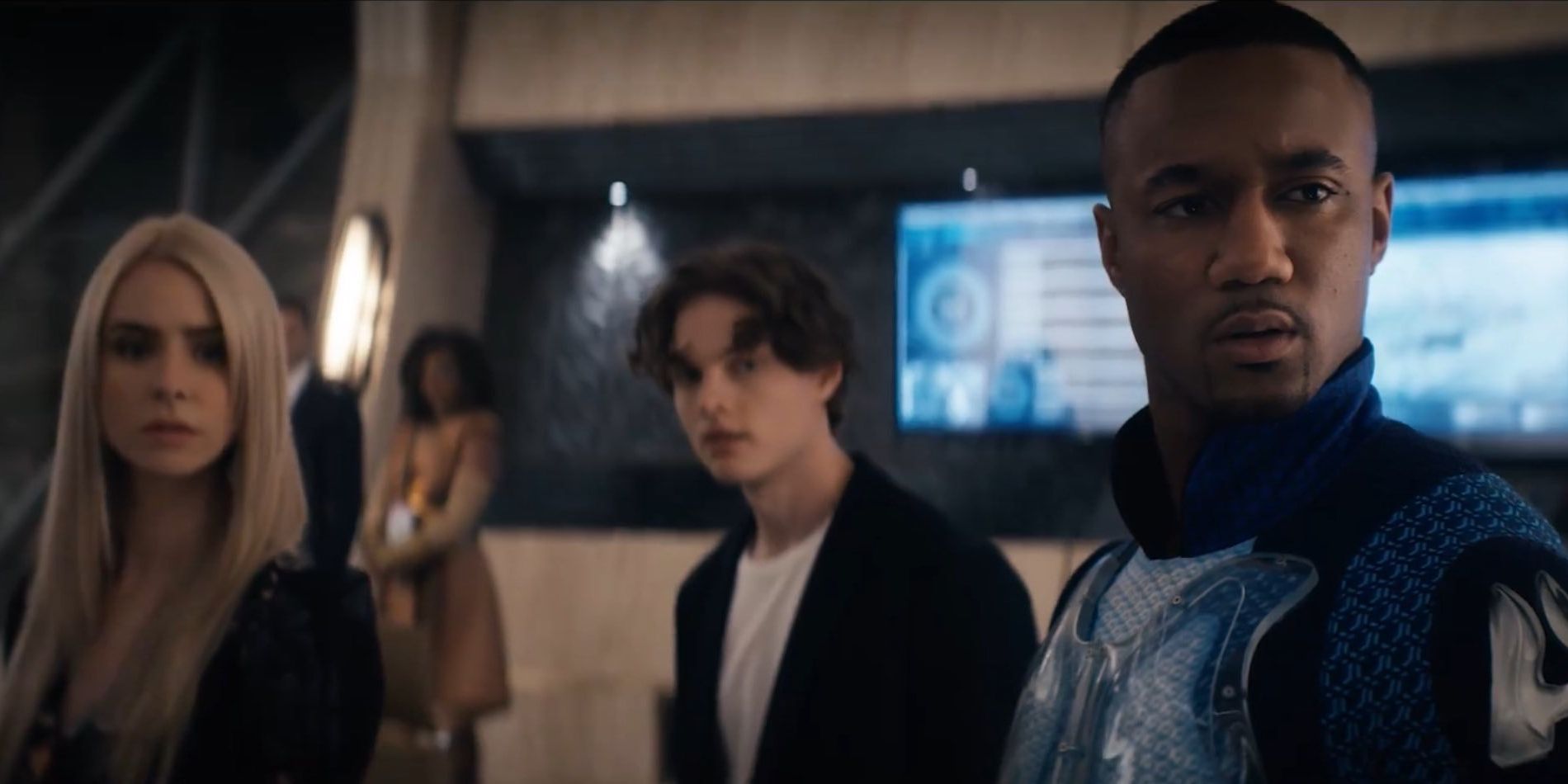 Cate (Maddie Phillips), Sam (Asa Germann), and A-Train (Jessie T. Usher) at Vought Tower in The Boys Season 4 trailer