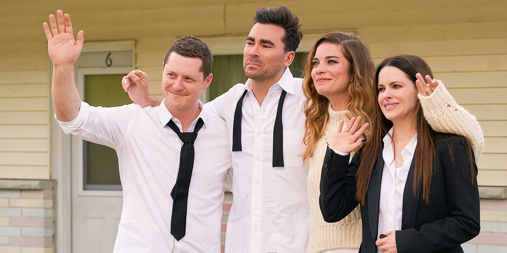 David Rose, Alexis Rose, Patrick Brewer, and Stevie Budd waving in the Schitt's Creek season finale.