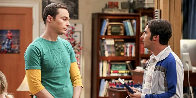 Sheldon (Jim Parsons) and Raj (Kunal Nayyar) standing in the apartment and looking at each other in The Big Bang Theory