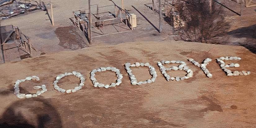 The word "Goodbye" written out in rocks on the ground in the series finale of M*A*S*H.