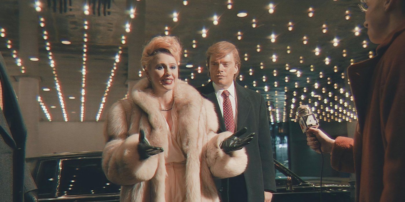 Maria Bakalova como Ivana Trump y Sebastian Stan como Donald Trump en El Aprendiz