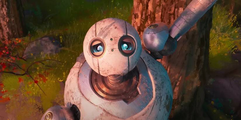 A sad Roz (voiced by Lupita Nyong'o) looking up in 'The Wild Robot'