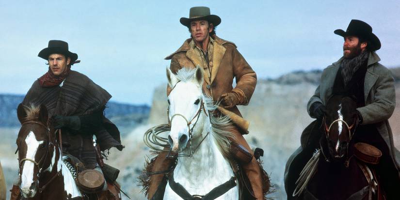Kevin Costner as Jake, Scott Glenn as Emmett, and Kevin Kline as Paden on horseback in Silverado