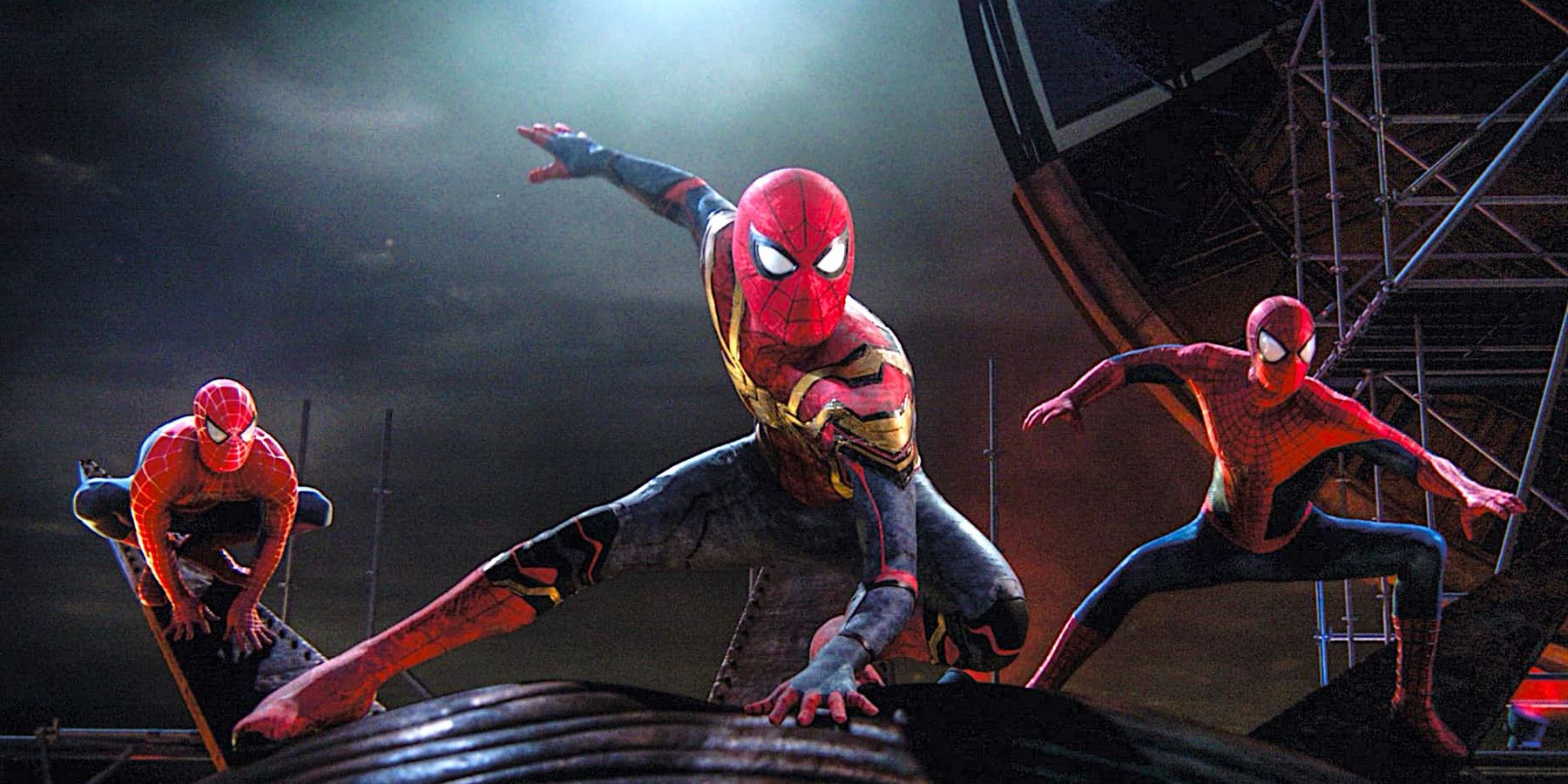 Tobey Maguire, Tom Holland and Andrew Garfield as Spider-Man prepare for battle in Spider-Man No Way Home.