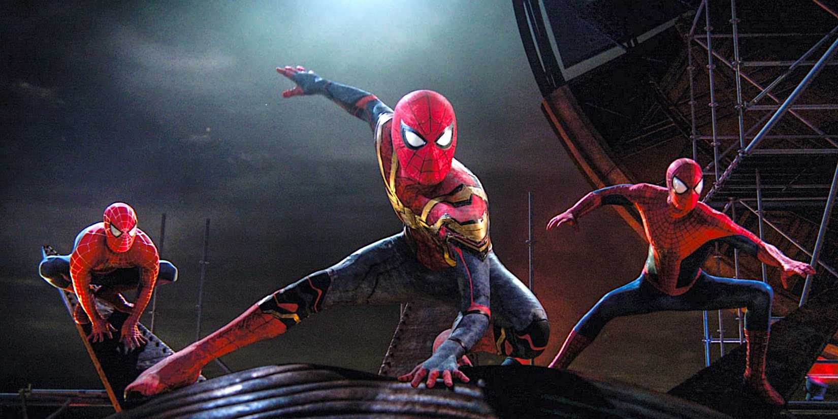 Tobey Maguire, Tom Holland and Andrew Garfield as Spider-Man prepare for battle in Spider-Man No Way Home.