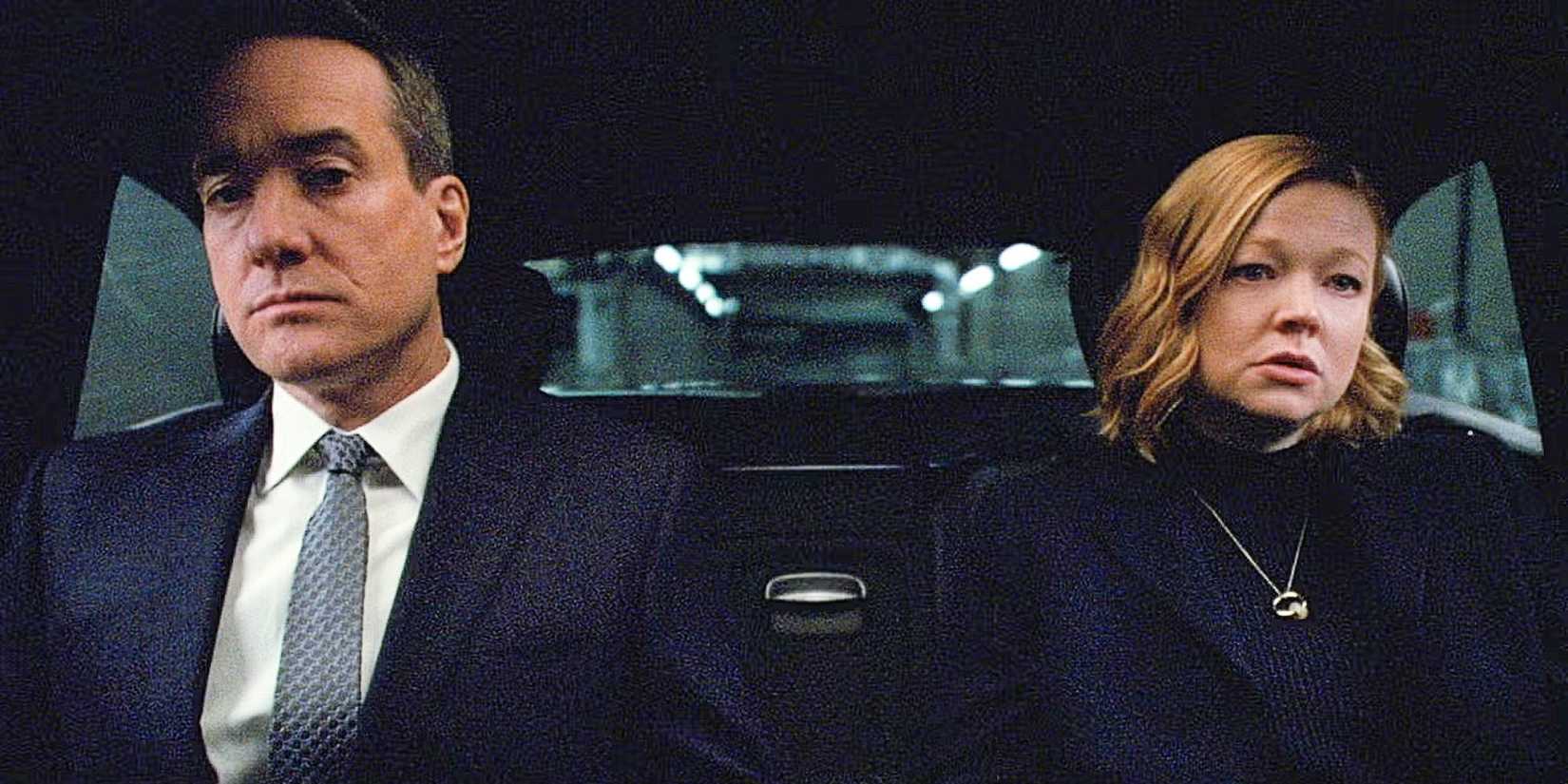 Tom (Matthew Macfadyen) and Shiv (Sarah Snook) sit in the back of a car in the Succession series finale.