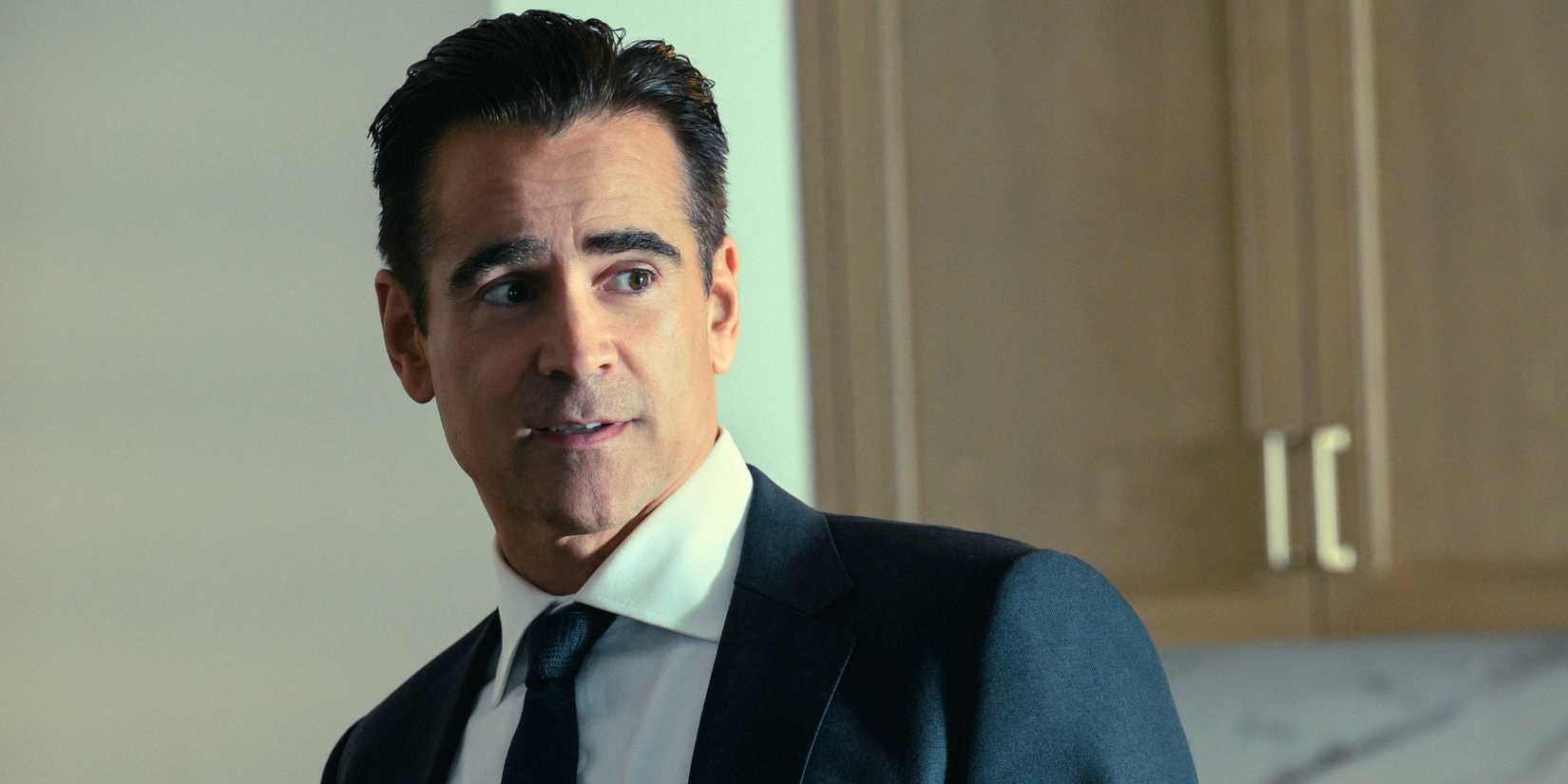 Colin Farrell as private detective John Sugar in a black suit and tie in Episode 5 of Season 1 of Sugar