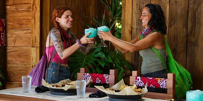 Kenzie and Maria enjoying margaritas on the 'Survivor 46' Applebee's reward.
