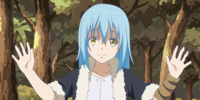 A character with blue hair from That Time I Got Reincarnated as a Slime holds their hands up with trees in the background.