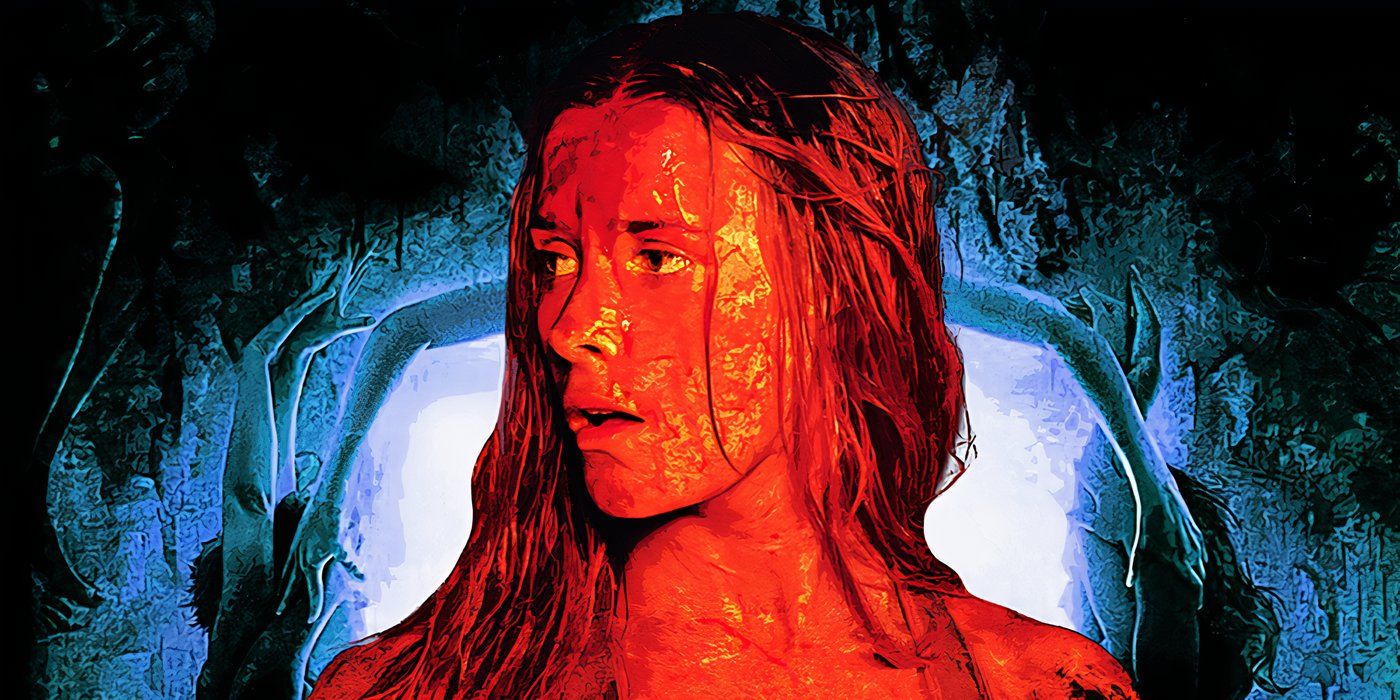 Blended image showing a bloodied woman with a group of people holding hands in the background.