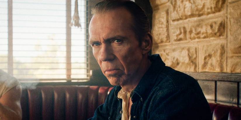 Richard Brake as Beau glowering in a diner in The Last Stop in Yuma County. 