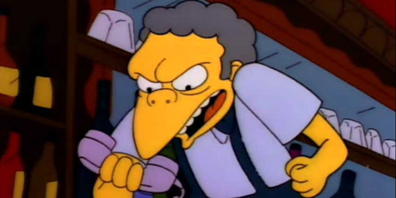 Moe angrily yelling at the phone in The Simpsons.