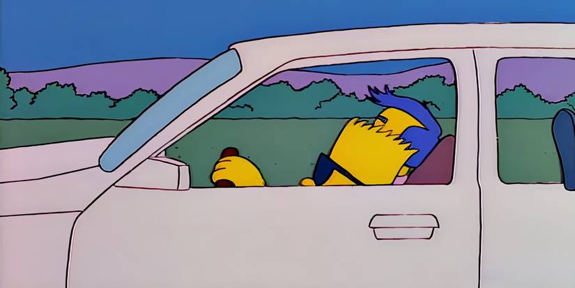 A side view of Bart driving a car with Milhouse in the passenger seat in The Simpsons episode Bart on the Road.