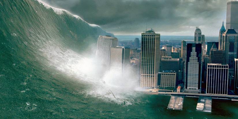A tidal wave starts knocking New York buildings over like dominoes in 'Deep Impact'.