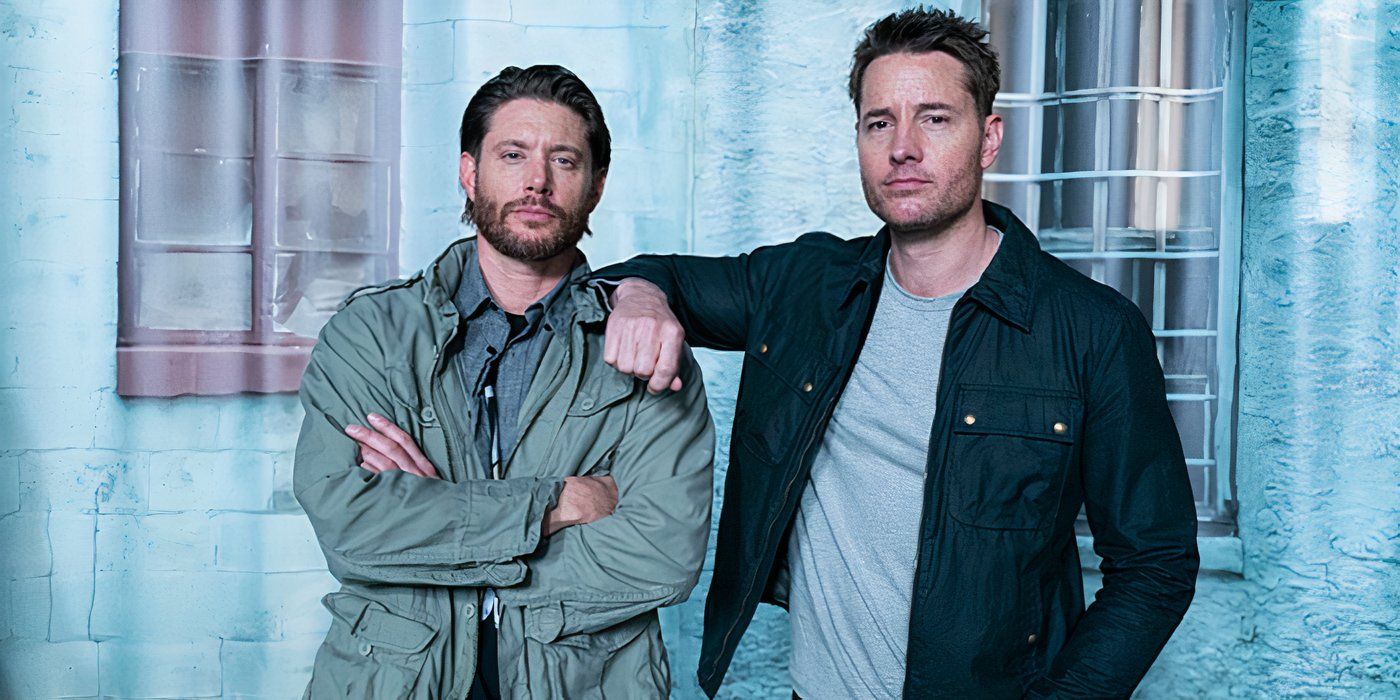 Jensen Ackles and Justin Hartley on the set of 'Tracker.'