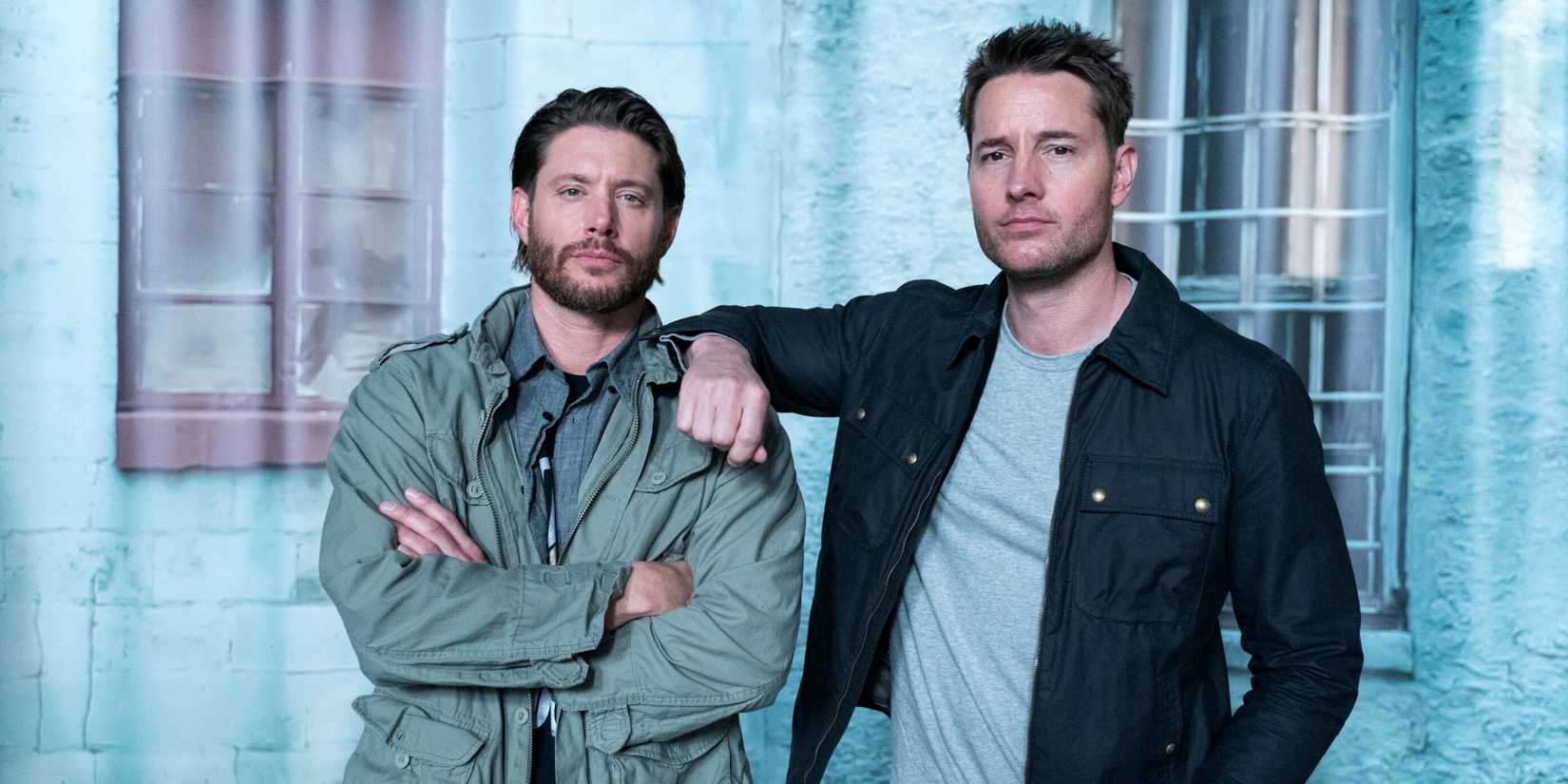 Justin Hartley as Colter Shaw resting his hand on the shoulder of Jensen Ackles as Russell Shaw in Tracker.