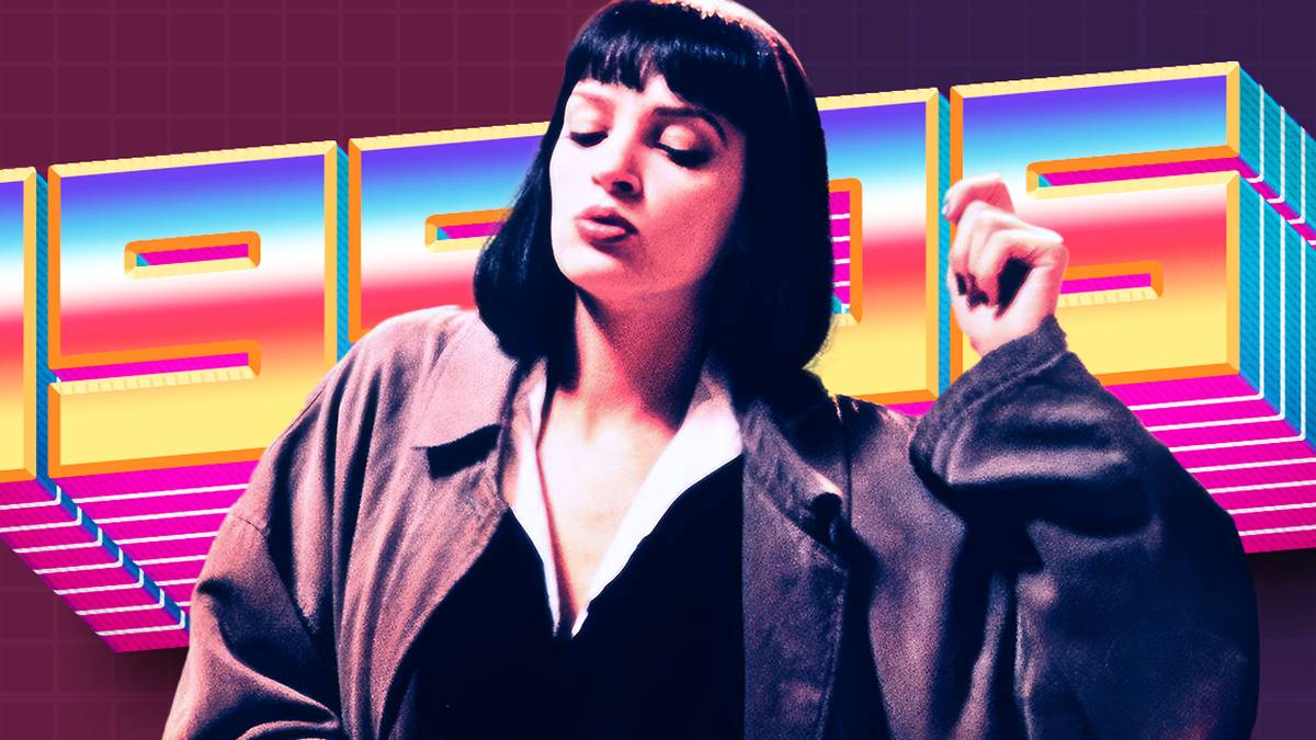 Uma Thurman in Pulp Fiction with 1990s in the background