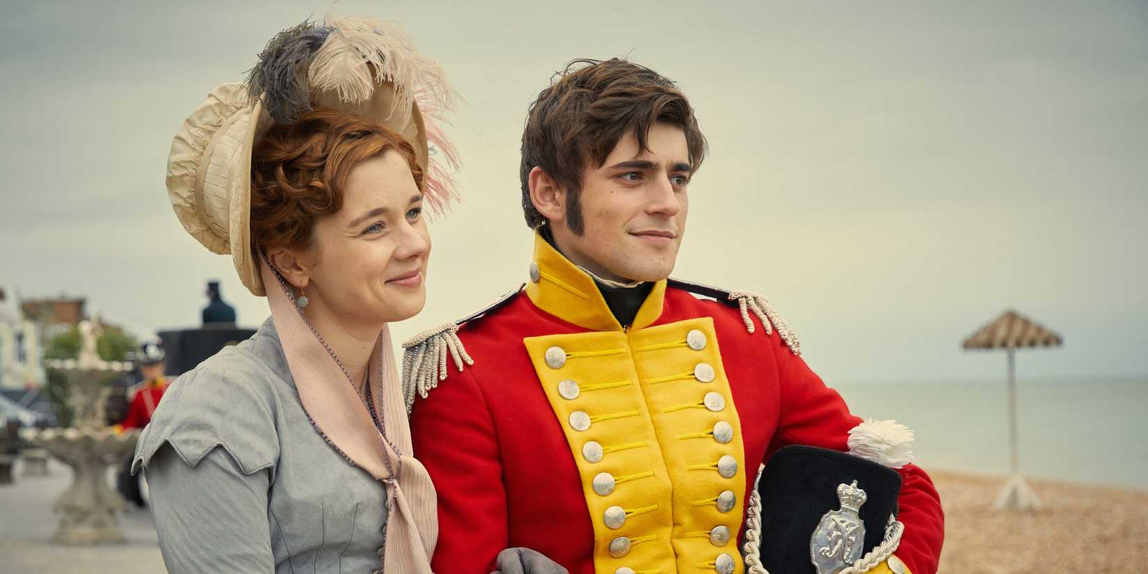 Claudia Jessie as Amelia Sedley and Charlie Rowe and George Osborne in Vanity Fair.