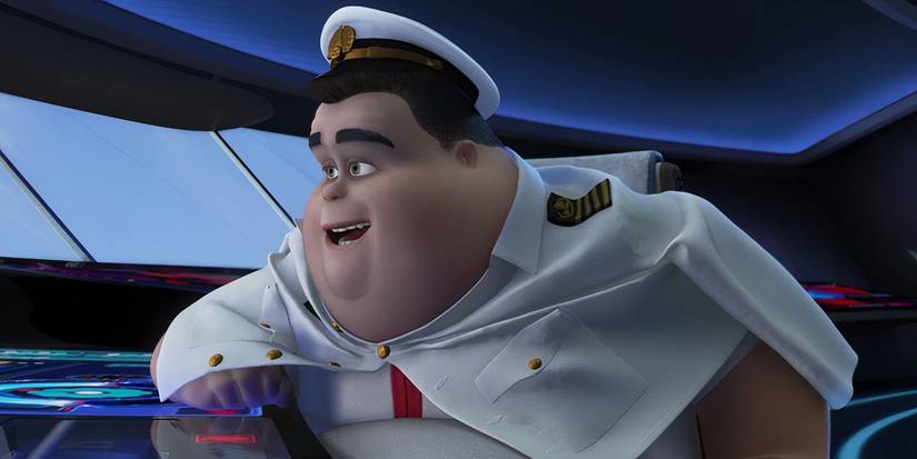 Captain B McCrea smiling in WALL-E as he steers the spaceship from the bridge.