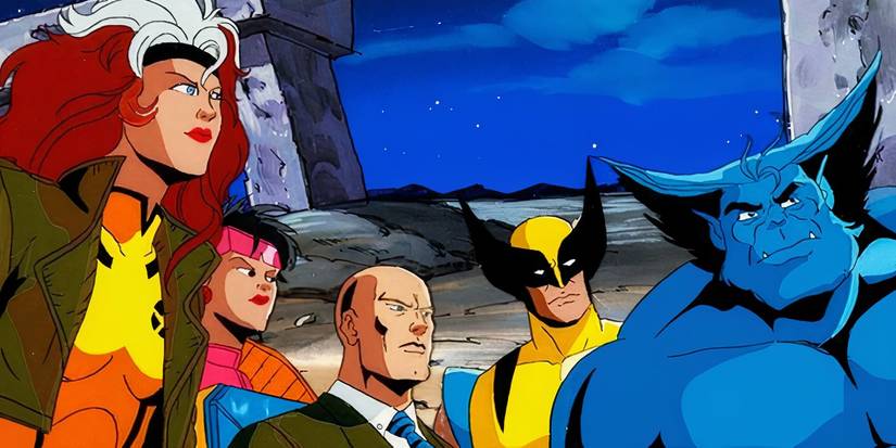 Rogue, Jubilee, Charles Xavier, Wolverine, and Beast all standing close together and looking at something offscreen to the right in X-Men: The Animated Series