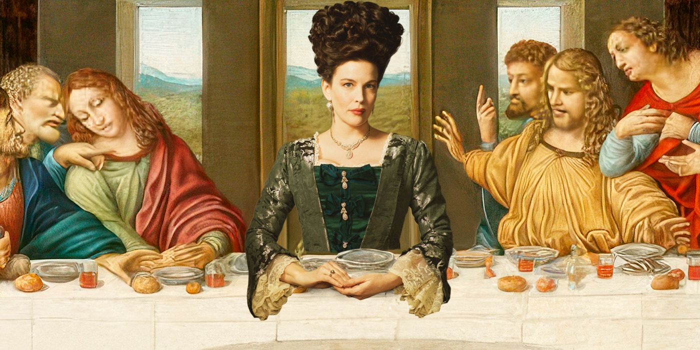 Blended image showing Liv Tyler in the painting The Last Supper
