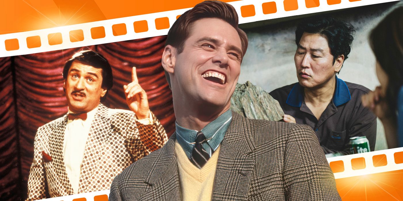 Blended image showing characters from The King of Comedy, The Truman Show, and Parasite.