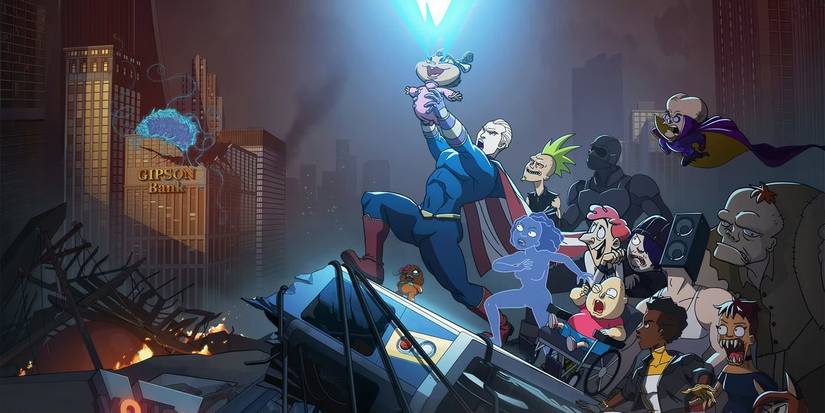 anak-anak Super dengan Homelander yang sedang menggendong seorang anak dengan sorotan cahaya dari matanya mengarah ke langit di The Boys Presents: Diabolical