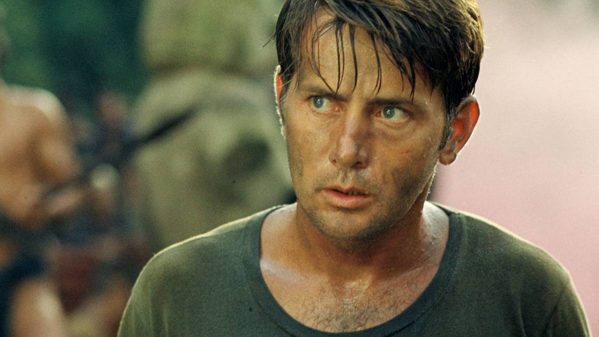 Martin Sheen is muddy and looks anxious in Apocalypse Now.