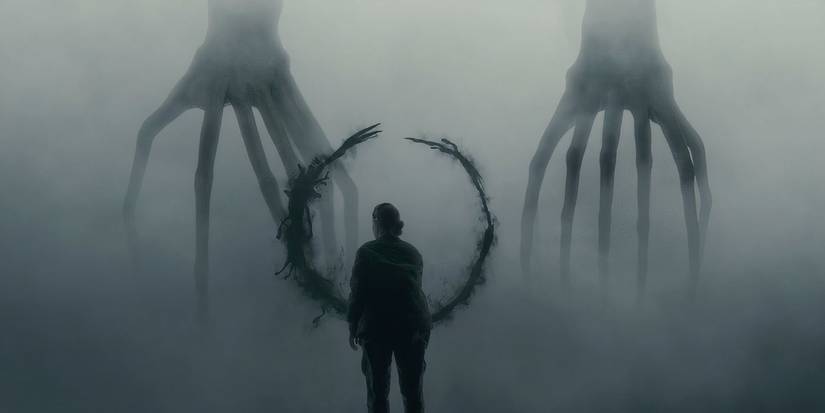 Amy Adams as Dr. Banks stands in mist as two large aliens with spider-like limbs release a ring of black smoke around her in Arrival.