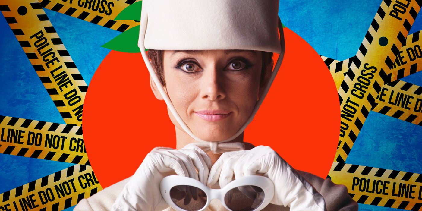 Audrey Hepburn as Nicole in How to Steal a Million against a crime & Rotten Tomatoes-themed background