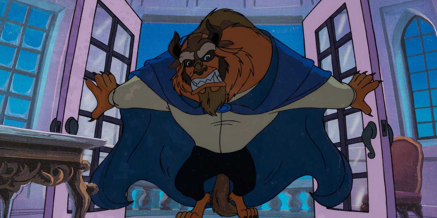 The Beast bursting through the doors with an aggressive look of anger on his face in 'Belle's Magical World' (1998)