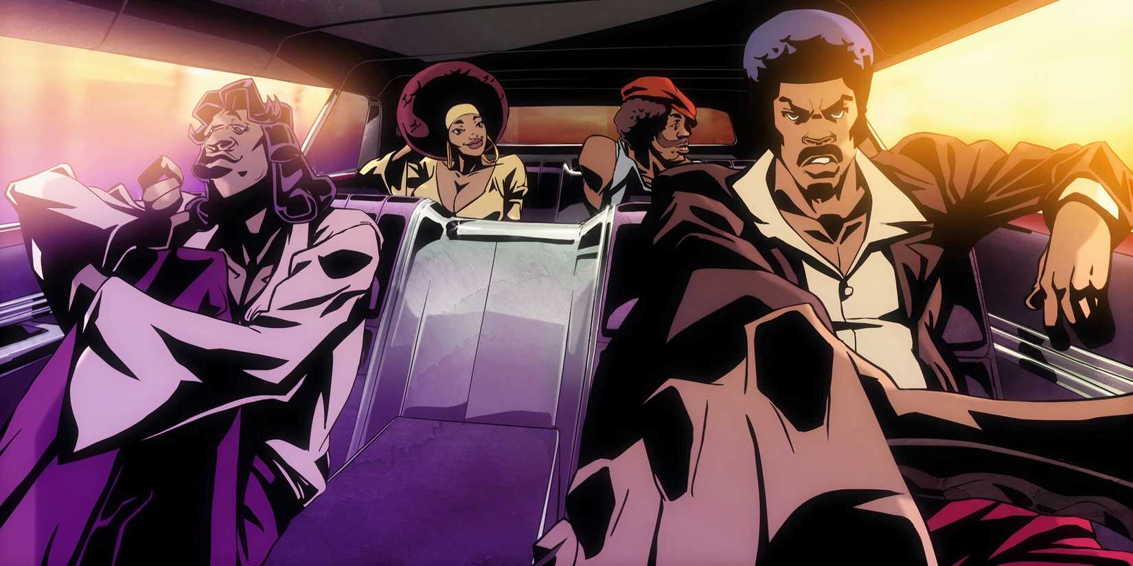 Black Dynamite and his crew relaxing while in Black Dynamite's car as they cruise down the road in the Black Dynamite animated series.