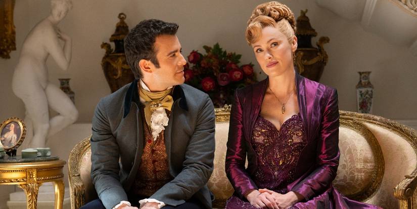 Luke Thompson and Hannah New sitting together in conversation in Bridgerton Season 3
