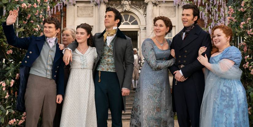 The Bridgerton family saying farewell outside the house in the Season 3 finale.