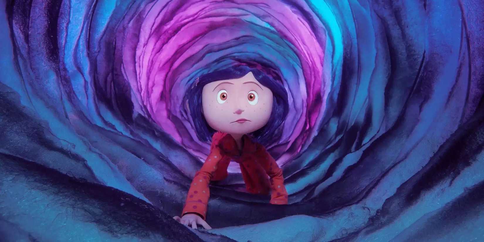 Coraline crawling through a dark tunnel in Coraline.