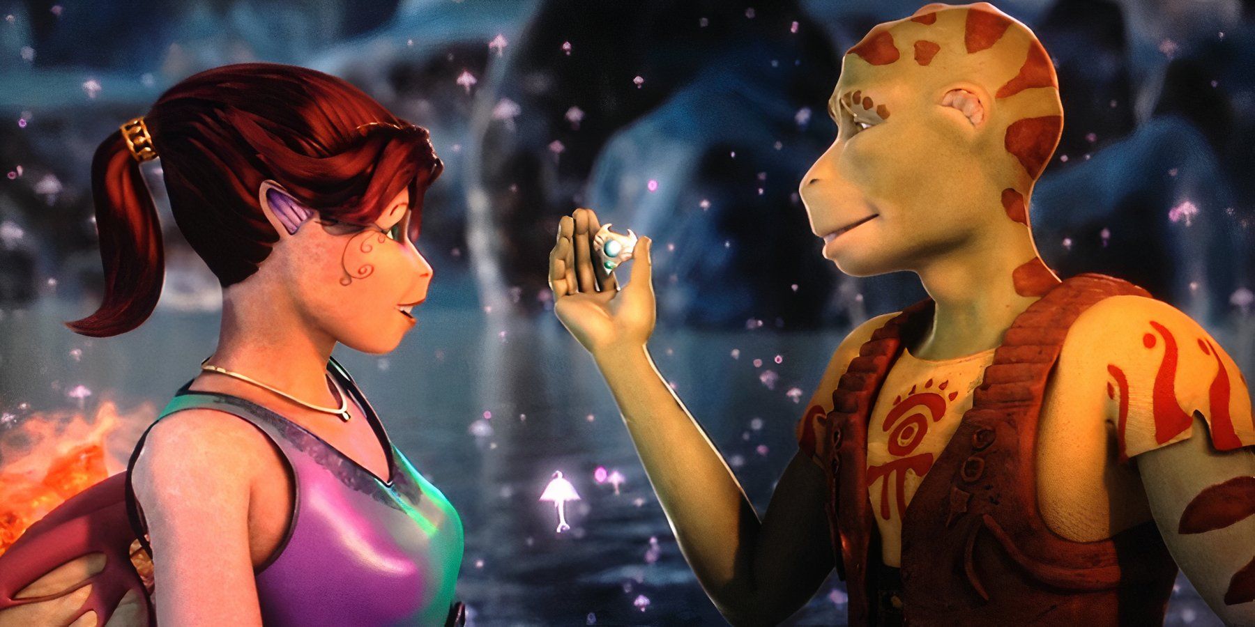 Delgo showing off a powerful glowing amulet to Princess Kyla in 'Delgo' (2008)