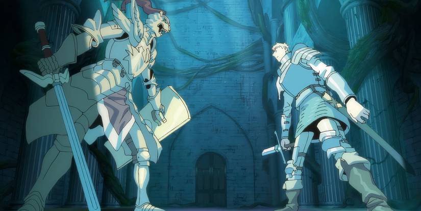 Laios faces down a living armor despite having a broken sword in 'Delicious in Dungeon'