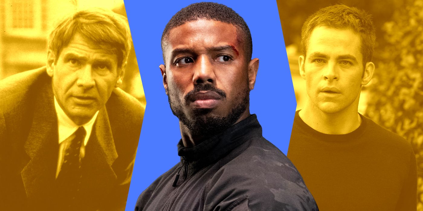 Blended image showing Harrison Ford, Michael B. Jordan, and Chris Pine in Jack Ryan movies.