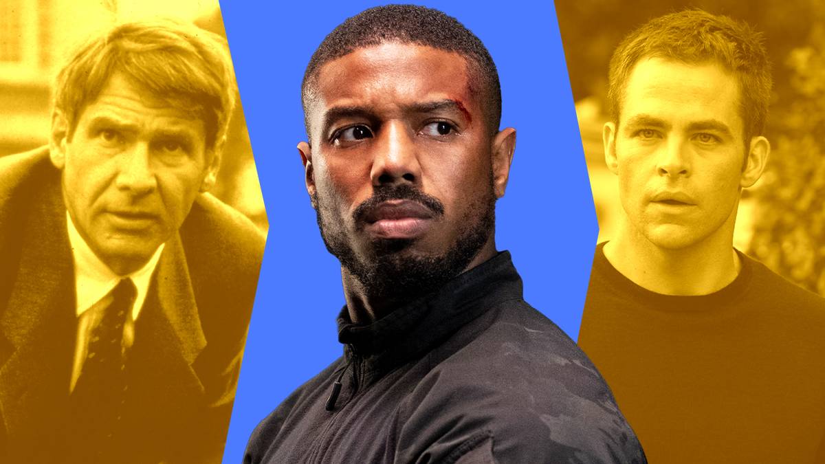 Blended image showing Harrison Ford, Michael B. Jordan, and Chris Pine in Jack Ryan movies.