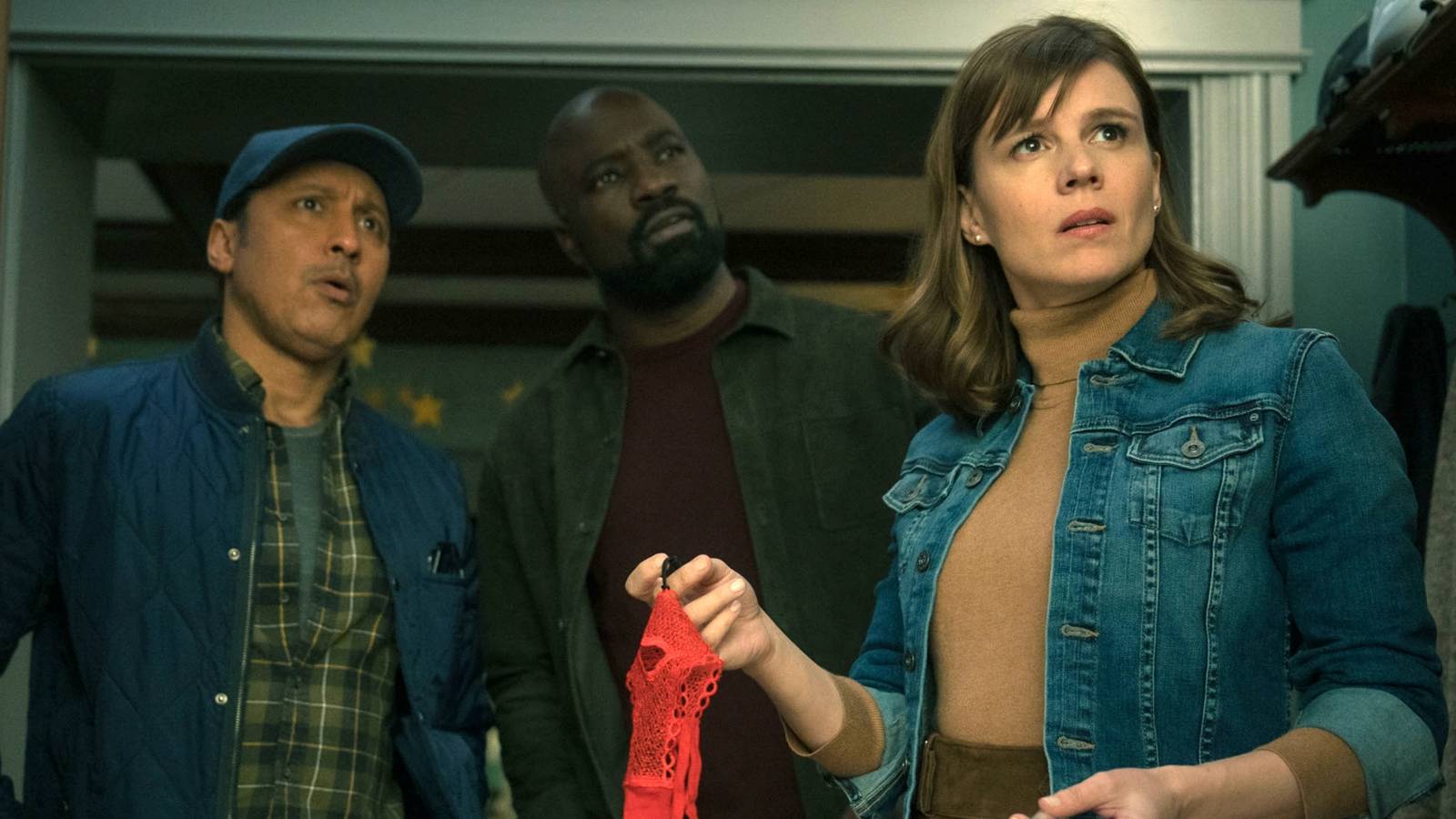 Katja Herbers as Kristen holding red panties with Mike Colter as David & Aasif Mandiv as Ben in Evil