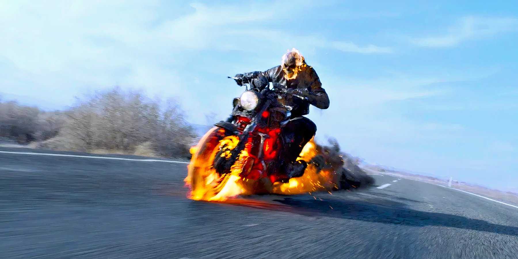 Ghost Rider (played by Nicolas Cage), rides his flaming motorbike down a freeway in Spirit of Vengeance.