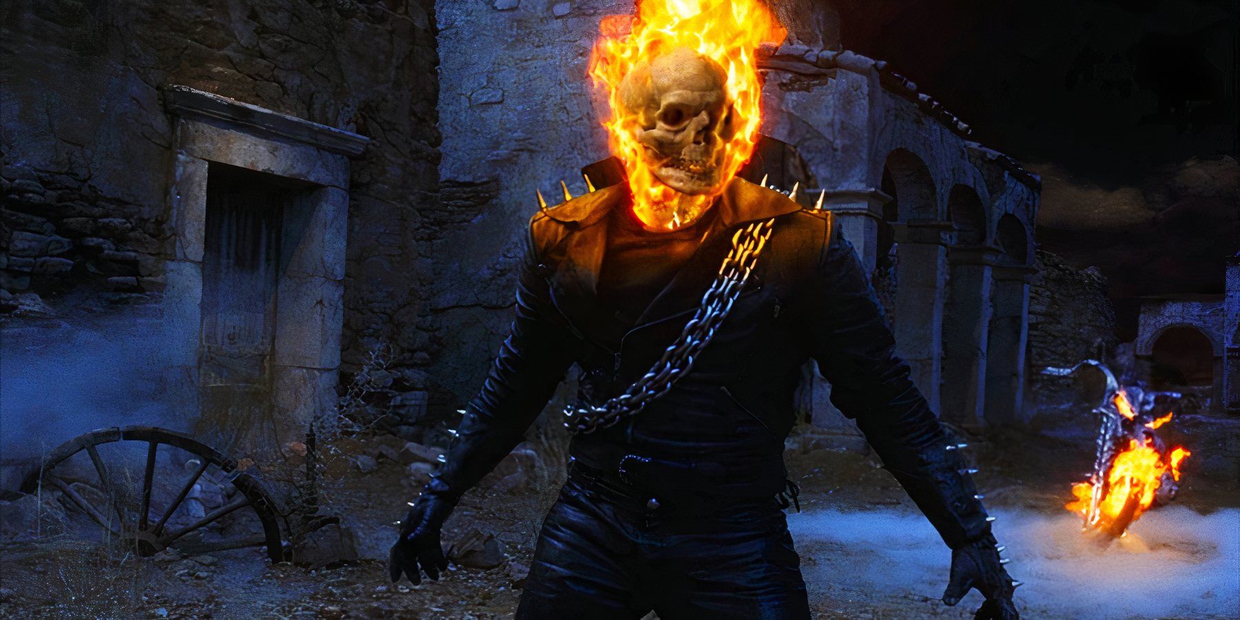 A flaming Ghost Rider wanders through an abandoned churchyard in Ghost Rider.