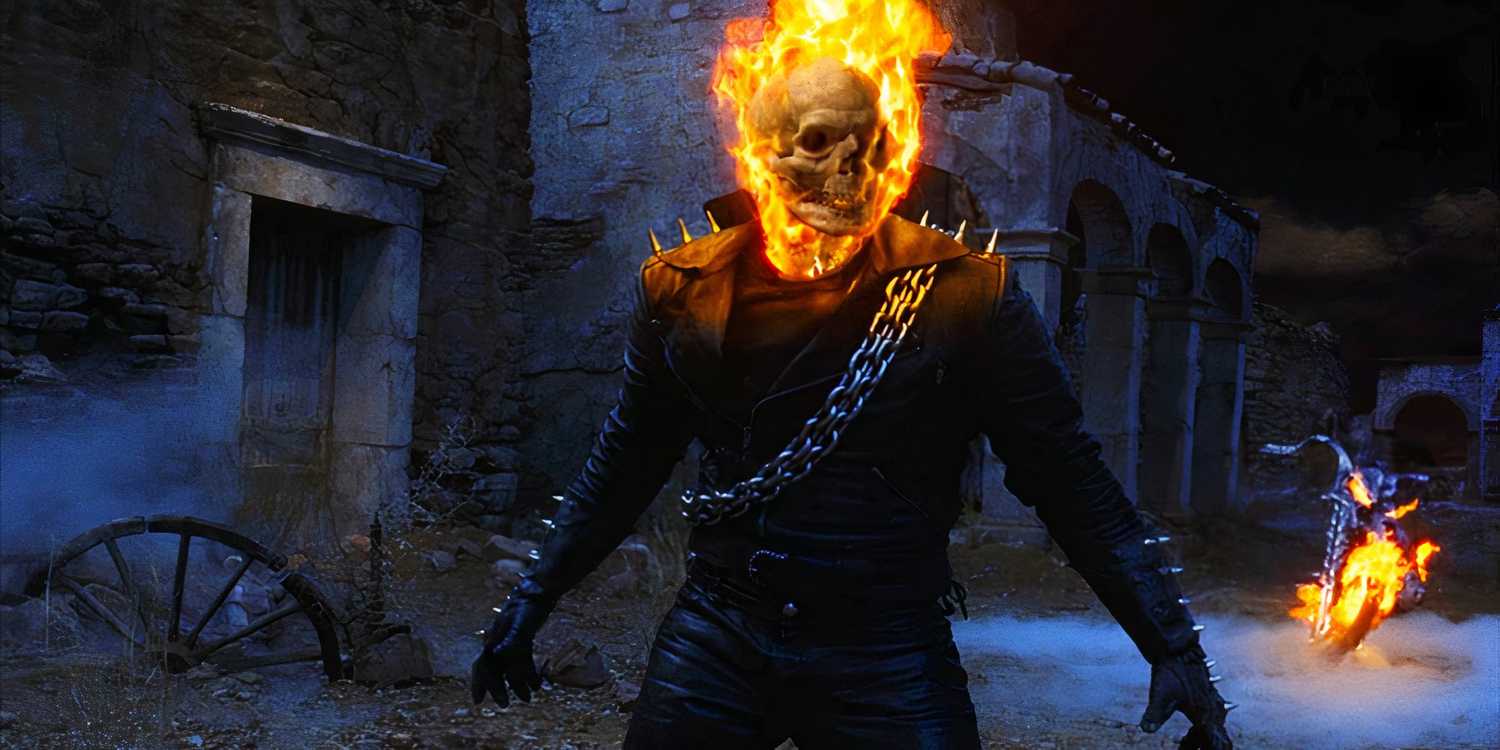A flaming Ghost Rider wanders through an abandoned churchyard in Ghost Rider.