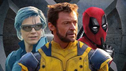 Evan Peters, Hugh Jackman, and Ryan Reynolds as Quicksilver, Wolverine, and Deadpool, in front of the X-Men logo