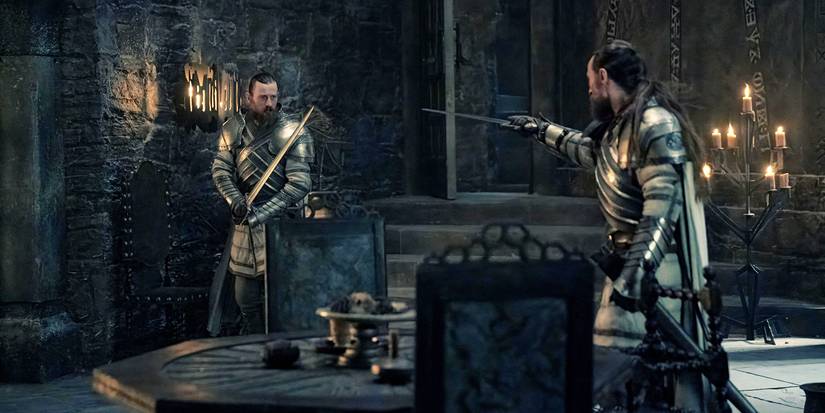 Luke Tittensor as Arryk Cargyll and Elliot Tittensor as Erryk Cargyll facing off in a deadly duel in House of the Dragon Season 2 Episode 2